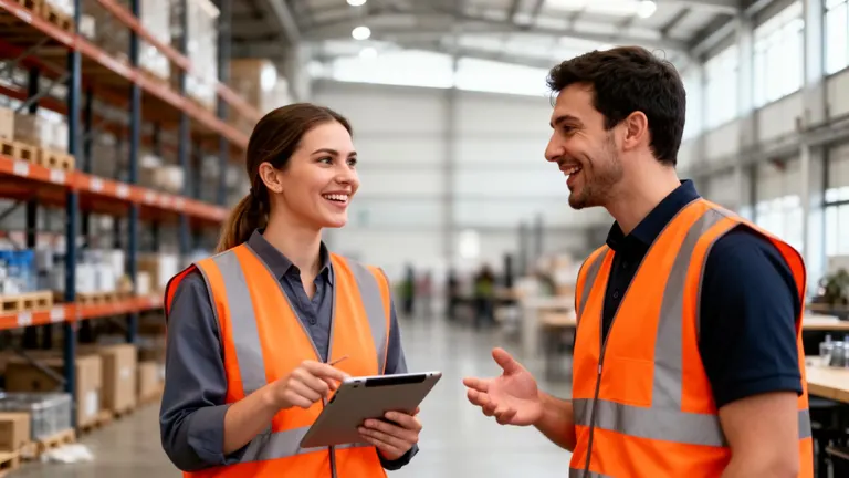 A shift supervisor answers a new warehouse worker's questions in a bright break area.