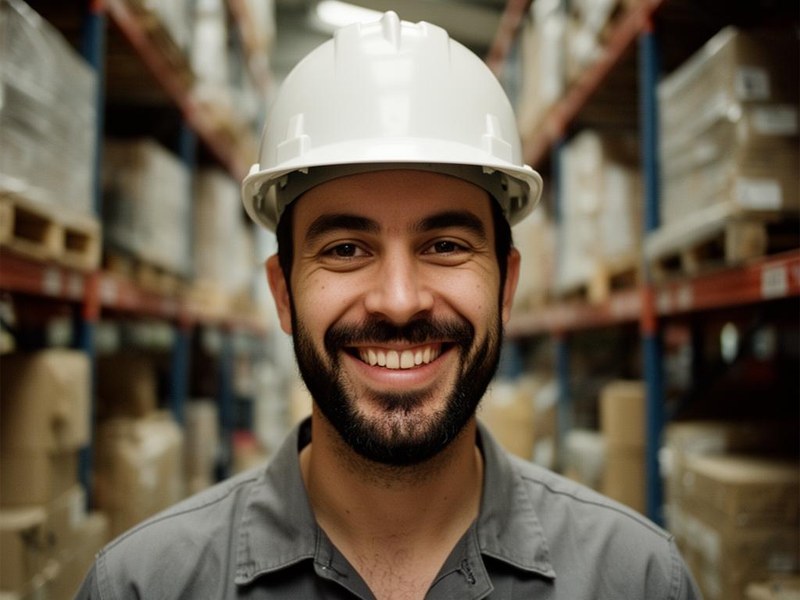 Close-up portrait of a warehouse worker smiling with pride on the job.