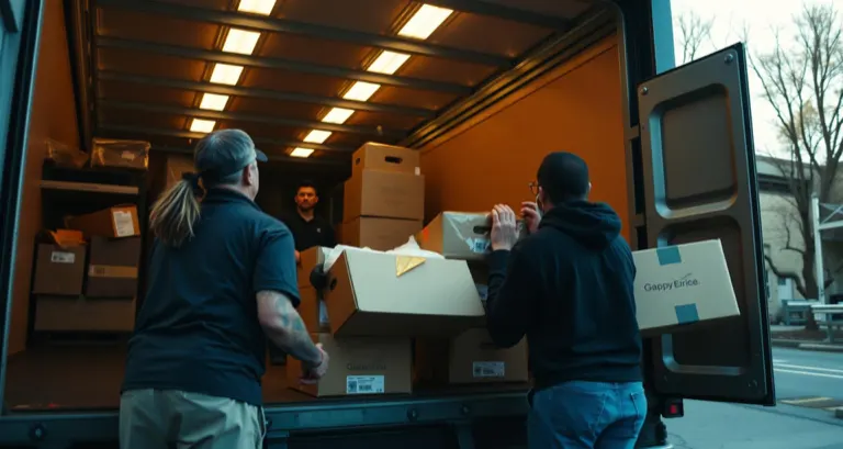 WarehouseJobs.com crew volunteering together at a community service day, loading boxes of donated goods.