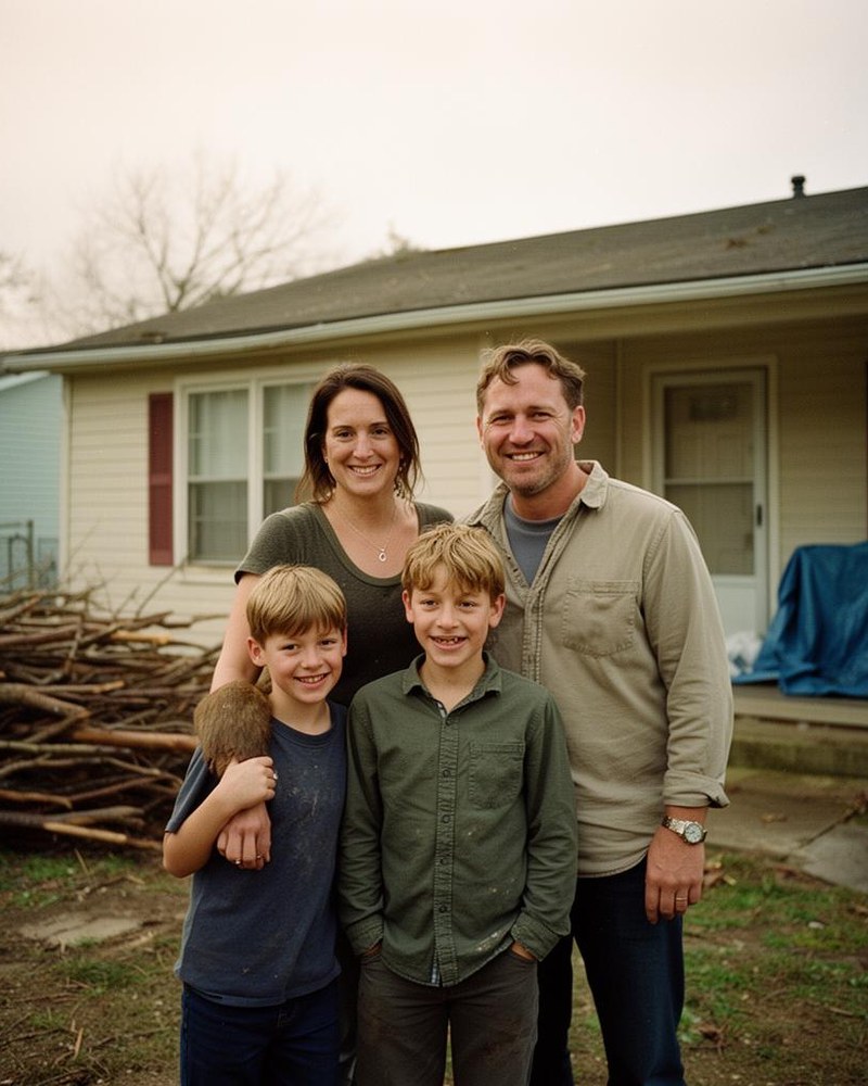 Portrait of a family standing in front of their home.