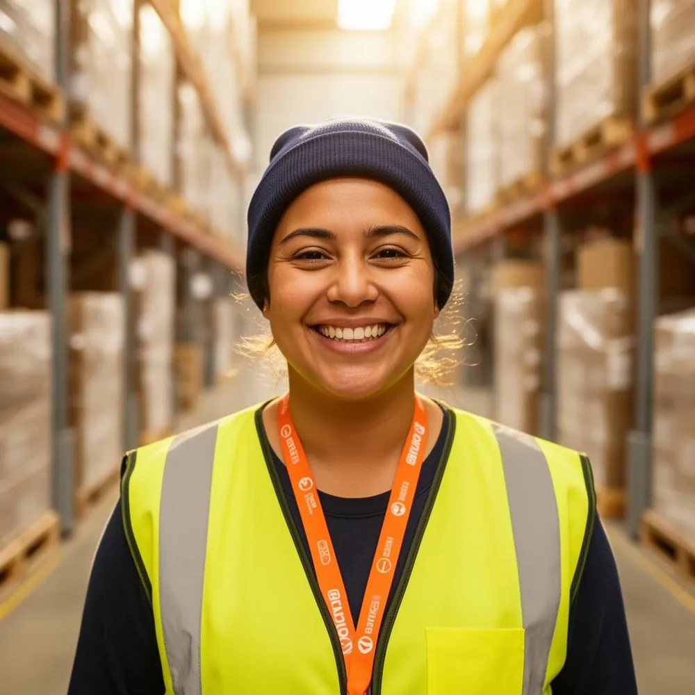 Smiling warehouse worker in a hi-vis vest and beanie in a bright distribution center aisle, ready for the next shift.