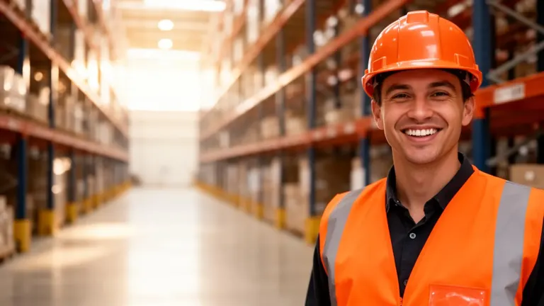 Smiling warehouse employee in an orange high-visibility safety vest and hard hat standing in a bright modern warehouse aisle with tall racking.