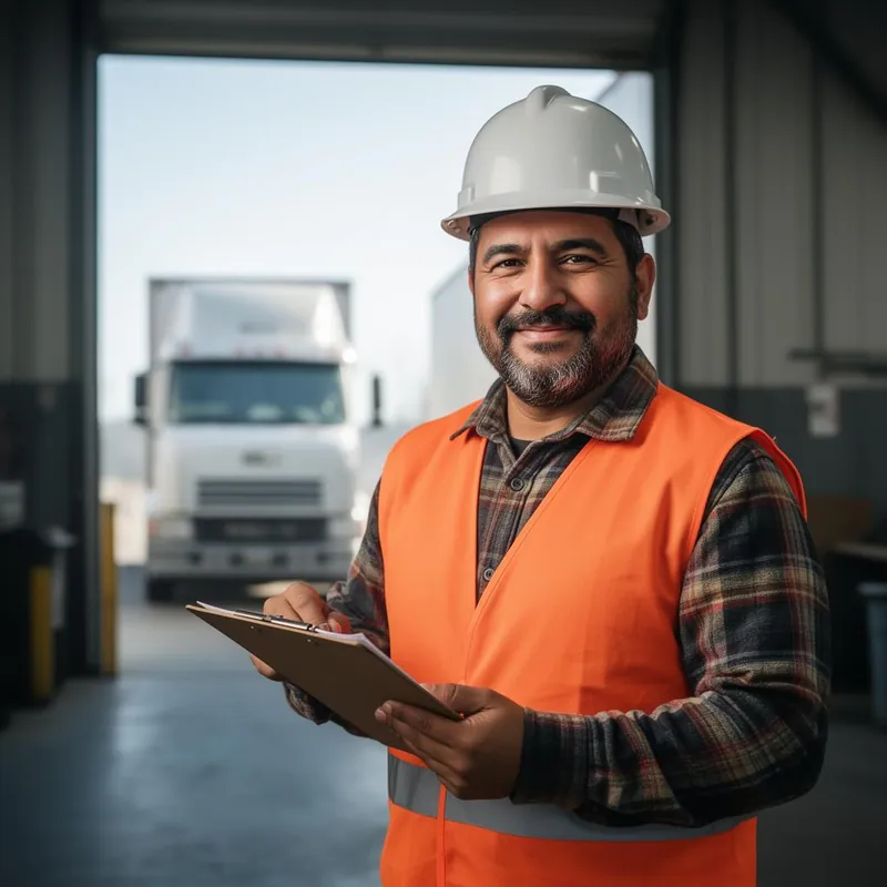 Luis, a Latino shipping and receiving lead in a hard hat and orange vest, holding a clipboard at an open loading dock.
